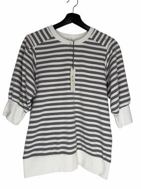 NWT Nine Britton Lexley Puff Sleeve Knit Top size Small Gray White Stripes Crew